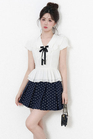 High-Waisted Polka Dot Skirt with Ruffle Shirt Set