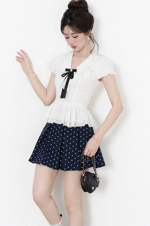 High-Waisted Polka Dot Skirt with Ruffle Shirt Set