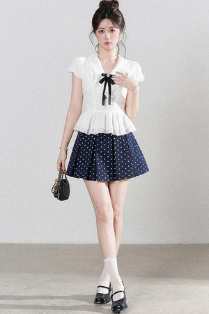High-Waisted Polka Dot Skirt with Ruffle Shirt Set