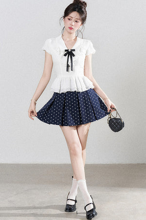 High-Waisted Polka Dot Skirt with Ruffle Shirt Set