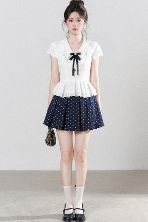 High-Waisted Polka Dot Skirt with Ruffle Shirt Set