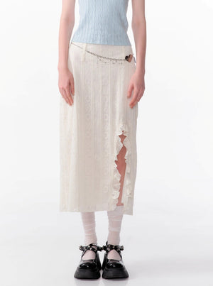 High-Waisted Ruffle Lace Midi Skirt