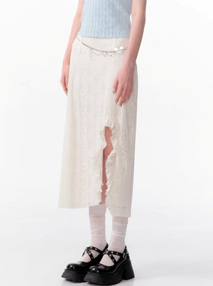High-Waisted Ruffle Lace Midi Skirt