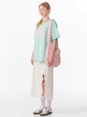 High-Waisted Ruffle Lace Midi Skirt