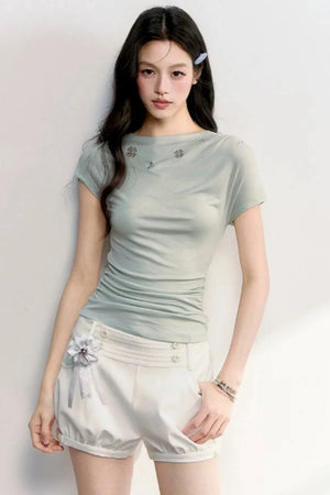 Hollow Embroidery Flutter Sleeve Top