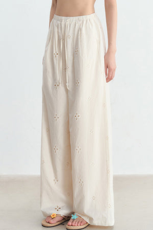 Hollow-Out Embroidered Wide-Leg Pants