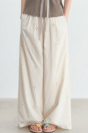 Hollow-Out Embroidered Wide-Leg Pants