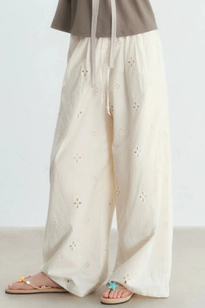 Hollow-Out Embroidered Wide-Leg Pants