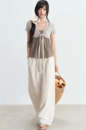 Hollow-Out Embroidered Wide-Leg Pants
