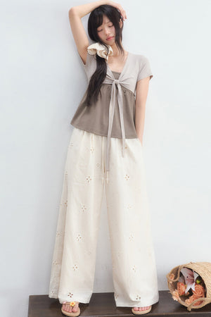 Hollow-Out Embroidered Wide-Leg Pants