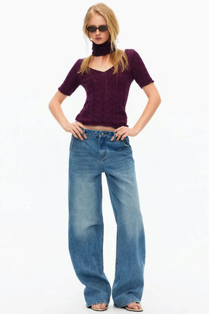 Hollow-Out Knit V-Neck Top