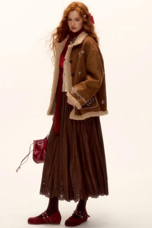 Hollow-Out Lace Suede Skirt