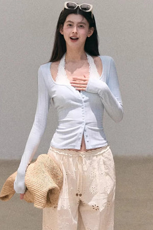Hollow-Out Ribbed Knit Cardigan
