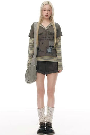 Hooded Spliced Long-Sleeve Top