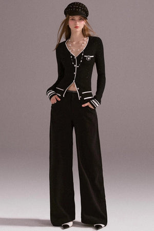 Hot Girl Contrast Knit Cardigan Suit Set-Up
