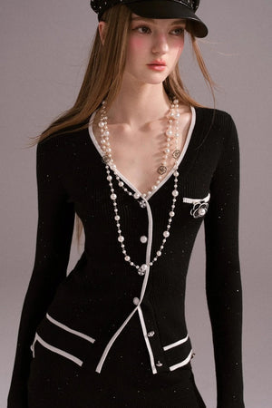 Hot Girl Contrast Knit Cardigan Suit Set-Up