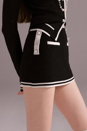 Hot Girl Contrast Knit Cardigan Suit Set-Up