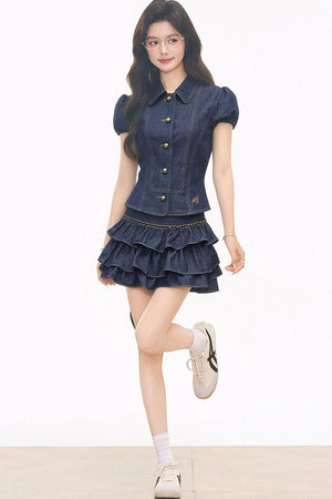 Imitation Denim Summer Blouse and Skirt Set-Up