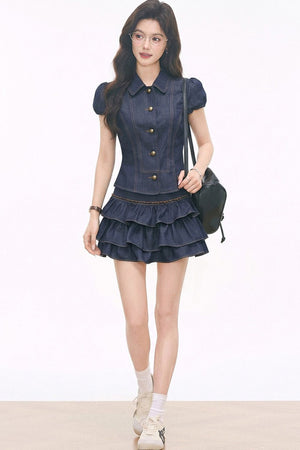 Imitation Denim Summer Blouse and Skirt Set-Up