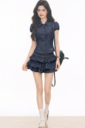 Imitation Denim Summer Blouse and Skirt Set-Up
