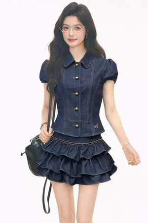 Imitation Denim Summer Blouse and Skirt Set-Up