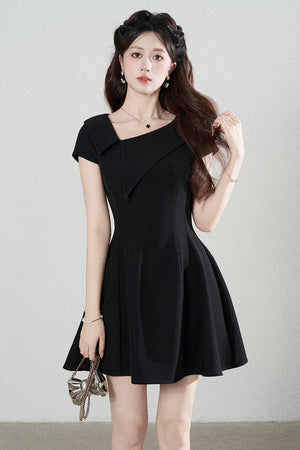Irregular Collar Black A-Line Dress