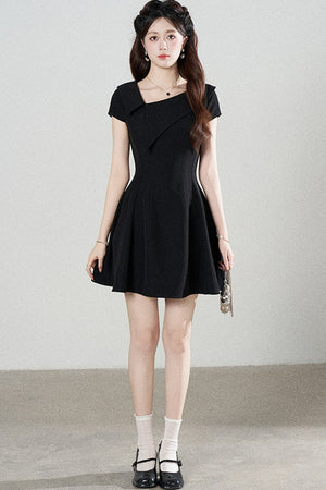 Irregular Collar Black A-Line Dress