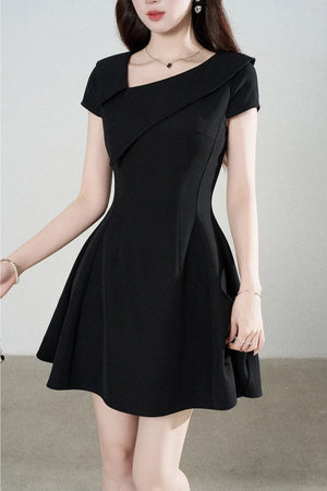 Irregular Collar Black A-Line Dress