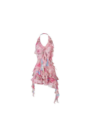 Irregular Floral Halter Dress