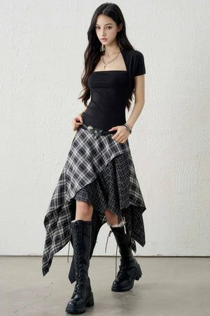 Irregular Hem Plaid Skirt Set