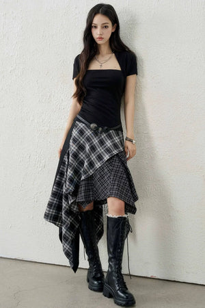 Irregular Hem Plaid Skirt Set