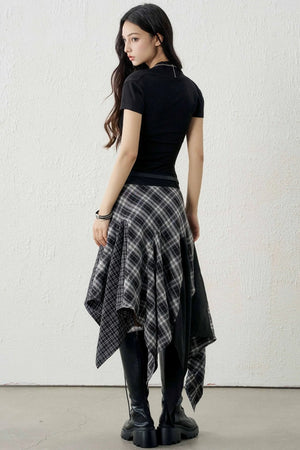 Irregular Hem Plaid Skirt Set