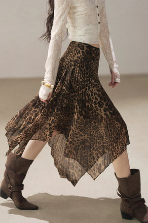Irregular Hem Stacked Pleats Leopard Skirt