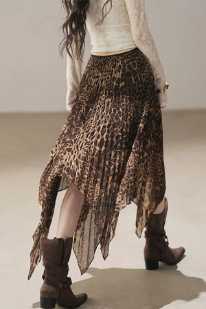 Irregular Hem Stacked Pleats Leopard Skirt