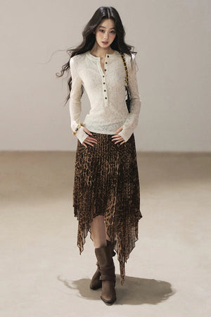 Irregular Hem Stacked Pleats Leopard Skirt