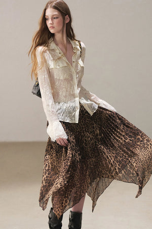 Irregular Hem Stacked Pleats Leopard Skirt