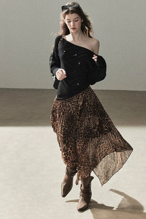 Irregular Hem Stacked Pleats Leopard Skirt