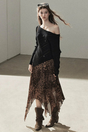 Irregular Hem Stacked Pleats Leopard Skirt