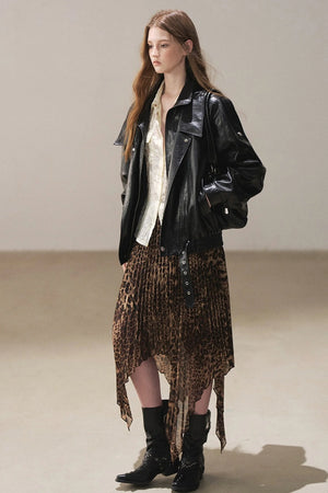 Irregular Hem Stacked Pleats Leopard Skirt