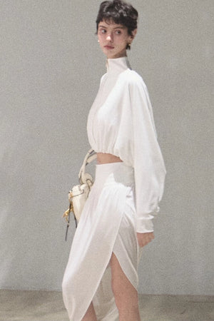 Irregular High-Waisted White Slit Skirt