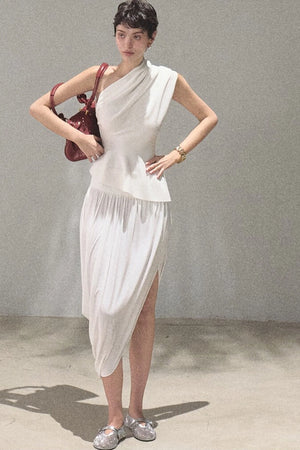 Irregular High-Waisted White Slit Skirt