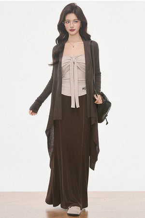 Irregular Knit Cardigan and Skirt 3-Piece Set-Up