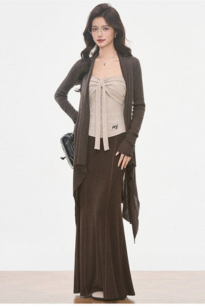 Irregular Knit Cardigan and Skirt 3-Piece Set-Up