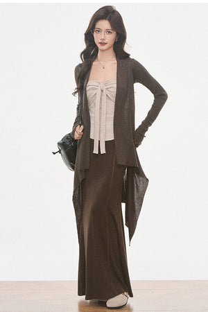 Irregular Knit Cardigan and Skirt 3-Piece Set-Up