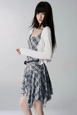 Irregular Plaid Suspender Dress Set-Up