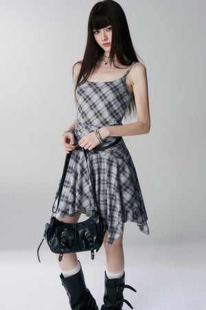 Irregular Plaid Suspender Dress Set-Up
