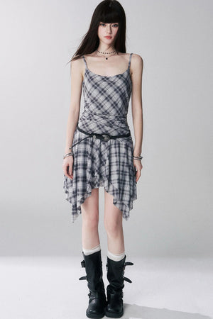 Irregular Plaid Suspender Dress Set-Up