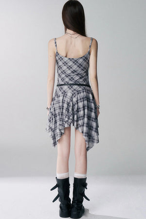 Irregular Plaid Suspender Dress Set-Up