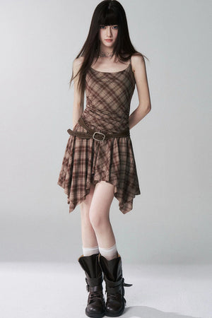 Irregular Plaid Suspender Dress Set-Up