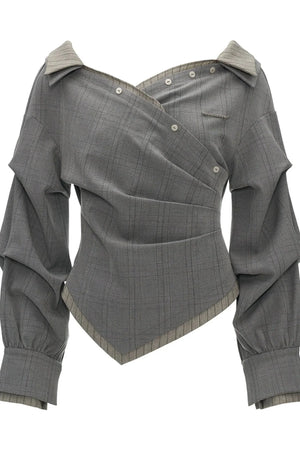 Irregular Textured Plaid Off-Shoulder Shirt